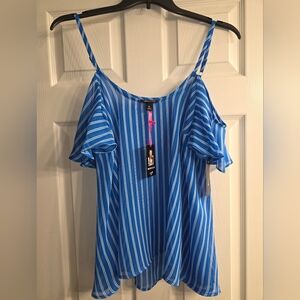 Women's I ♡ Ronson Blue White Stripe Print Sheer Flowy Ruffle Shirt Top XL